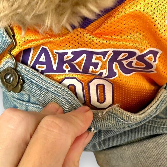 Build A Bear Curly Teddy Bear Brown Paws Vintage Retired Lakers Tank Overall 14" - Picture 4 of 15